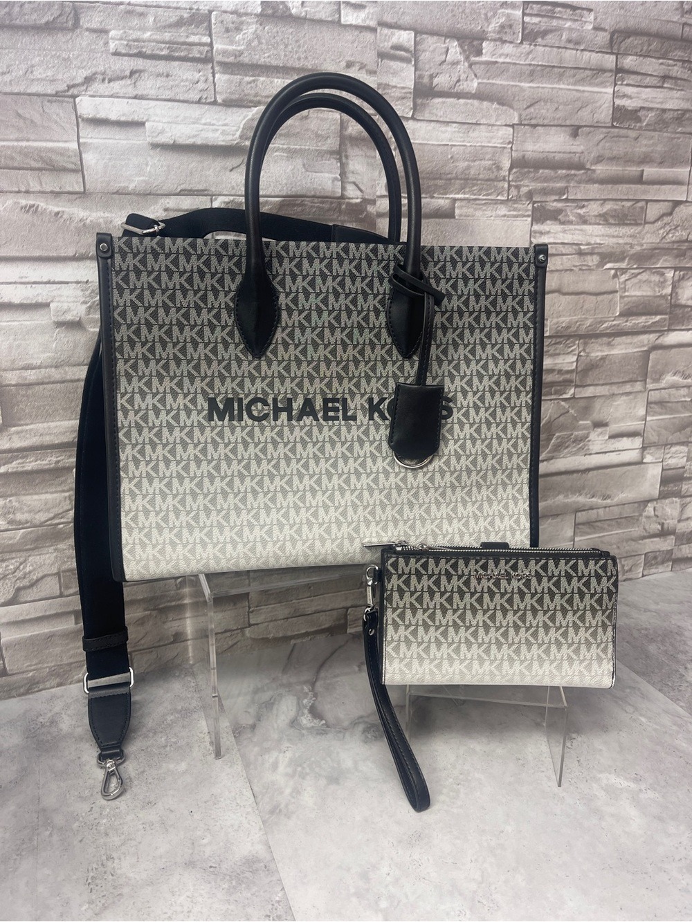Michael Kors Mirella Medium Logo Satchel Black & White Ombré + Matching Wallet